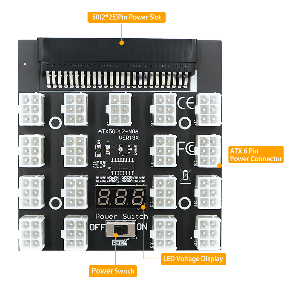 PCI-E 12V 50Pin to ATX 17 x 6P - огляд і ціна 2400W Server Psu Breakout Board